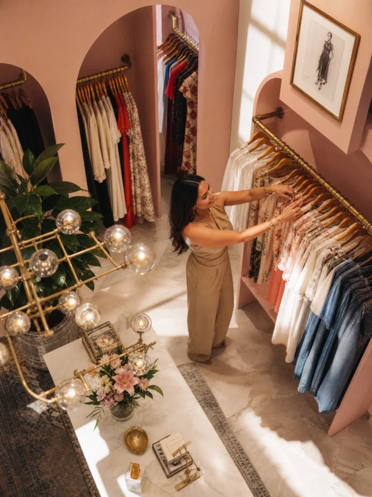 Mujer acomodando blusas en una barra dorada dentro de una tienda de ropa femenina con arcos rosa